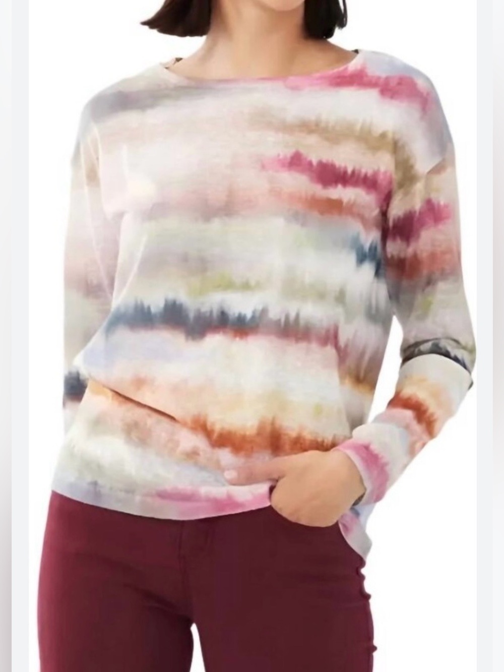 FDJ Salt Dye Watercolor Stripe Boatneck Long Sleeve Casual Top Sz M